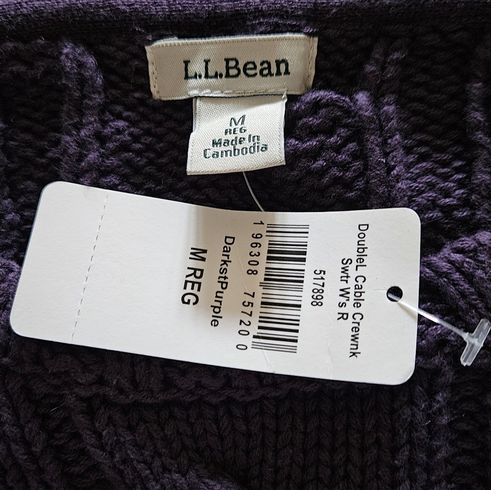NFS L.L. Bean Double L Cable Knit Crewneck Sweater Deep Purple Womens Medium - Picture 6 of 8